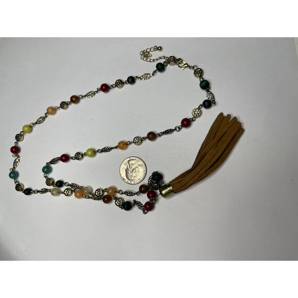 Chico's beaded pendant tassel necklace signed costume jewelry neutral natural - Picture 4 of 12